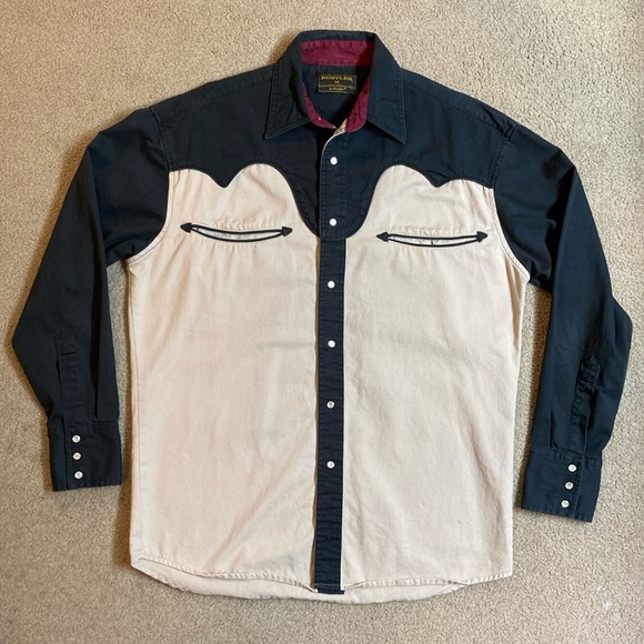 Wrangler Other - Rustler Wrangler Western Shirt Size M medium Smile Pockets Tan/Black Pearl Snap